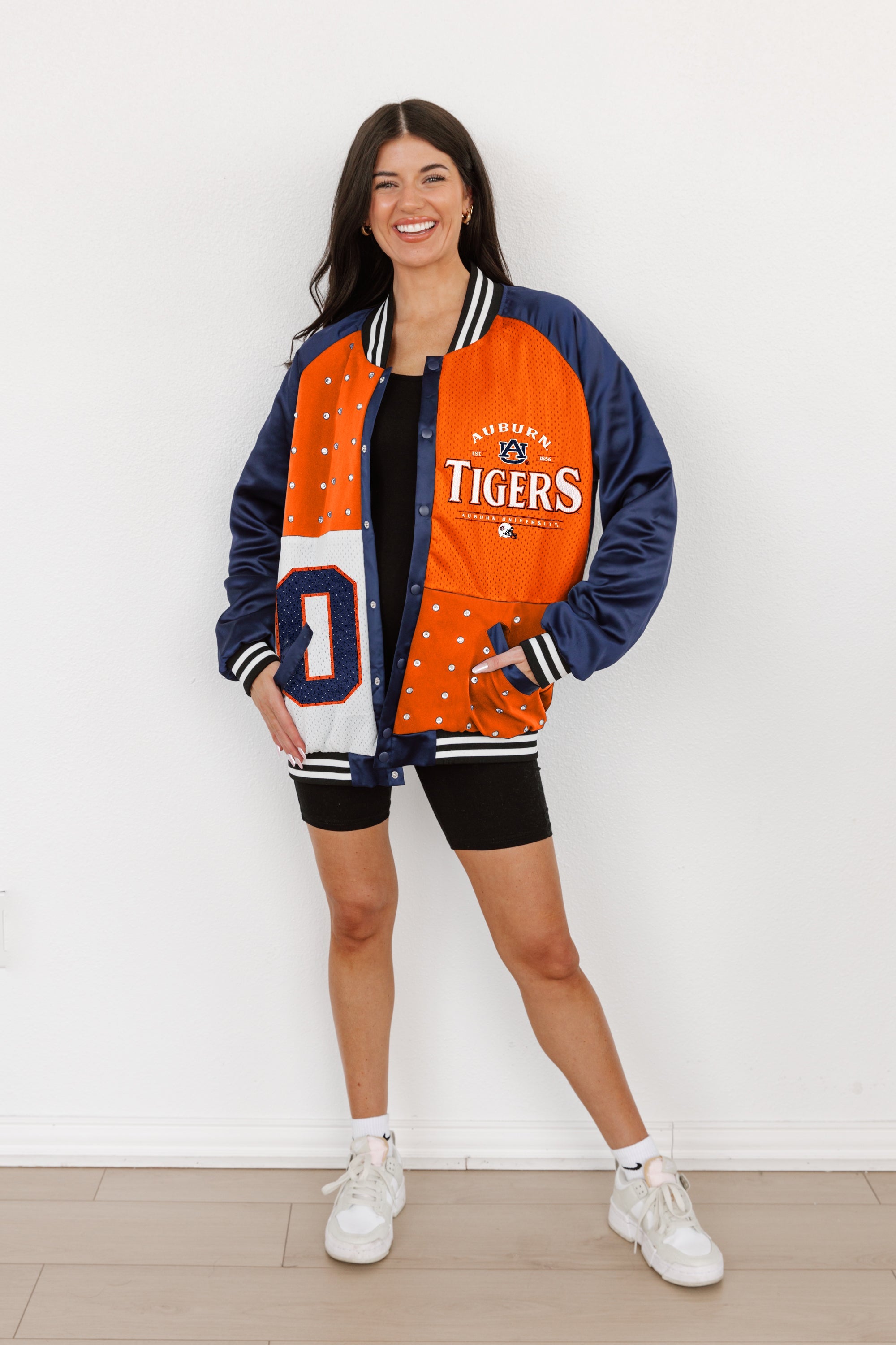 AUBURN TIGERS HOT SHOT MIXED MEDIA THROWBACK VARSITY BOMBER JACKET WITH RHINESTONE INSERTS BY MADI PREWETT TROUTT