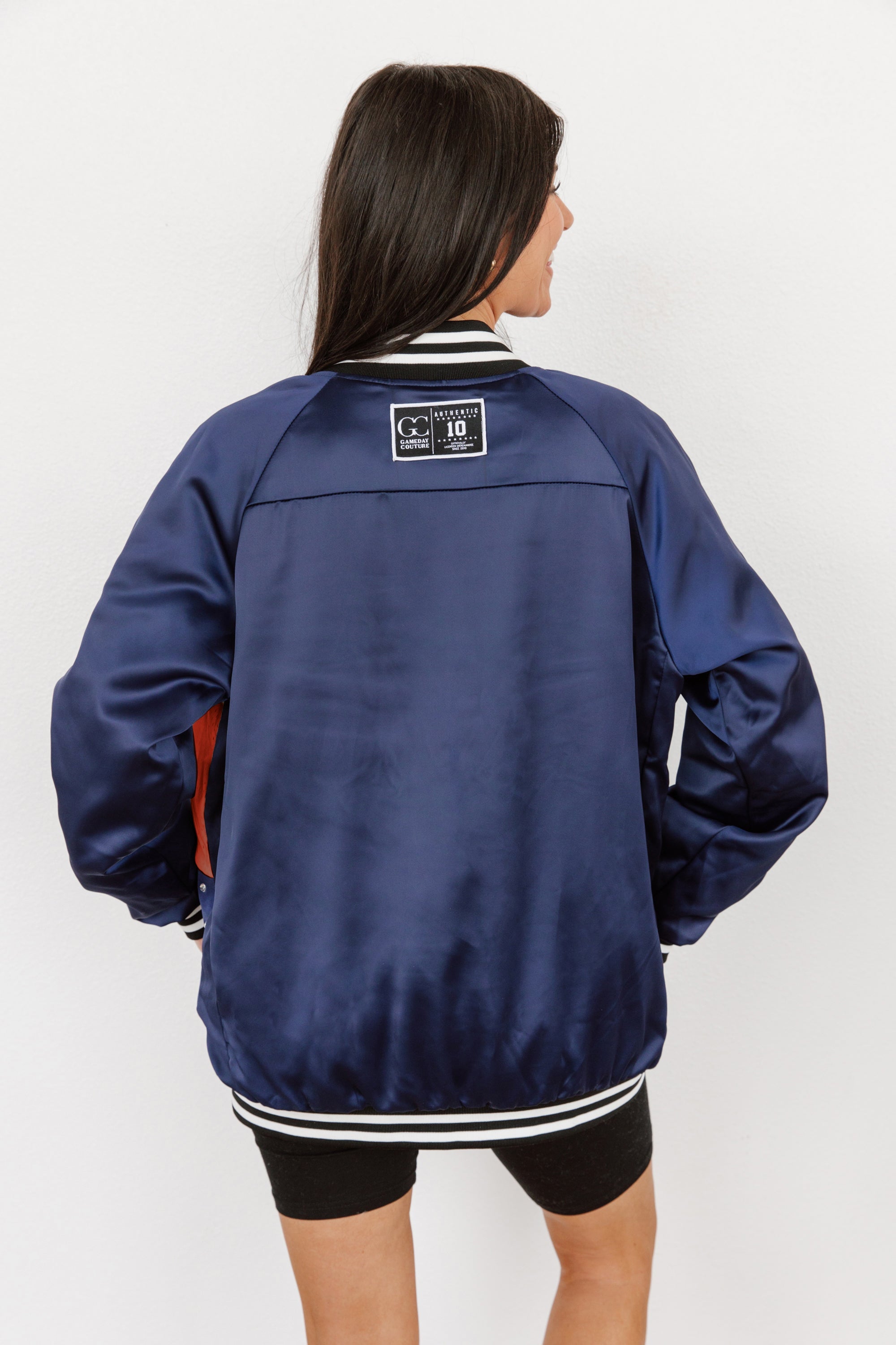 AUBURN TIGERS HOT SHOT MIXED MEDIA THROWBACK VARSITY BOMBER JACKET WITH RHINESTONE INSERTS BY MADI PREWETT TROUTT