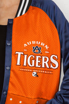 AUBURN TIGERS HOT SHOT MIXED MEDIA THROWBACK VARSITY BOMBER JACKET WITH RHINESTONE INSERTS BY MADI PREWETT TROUTT