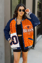 CHICAGO BEARS HOT SHOT MIXED MEDIA THROWBACK VARSITY BOMBER JACKET WITH RHINESTONE INSERTS