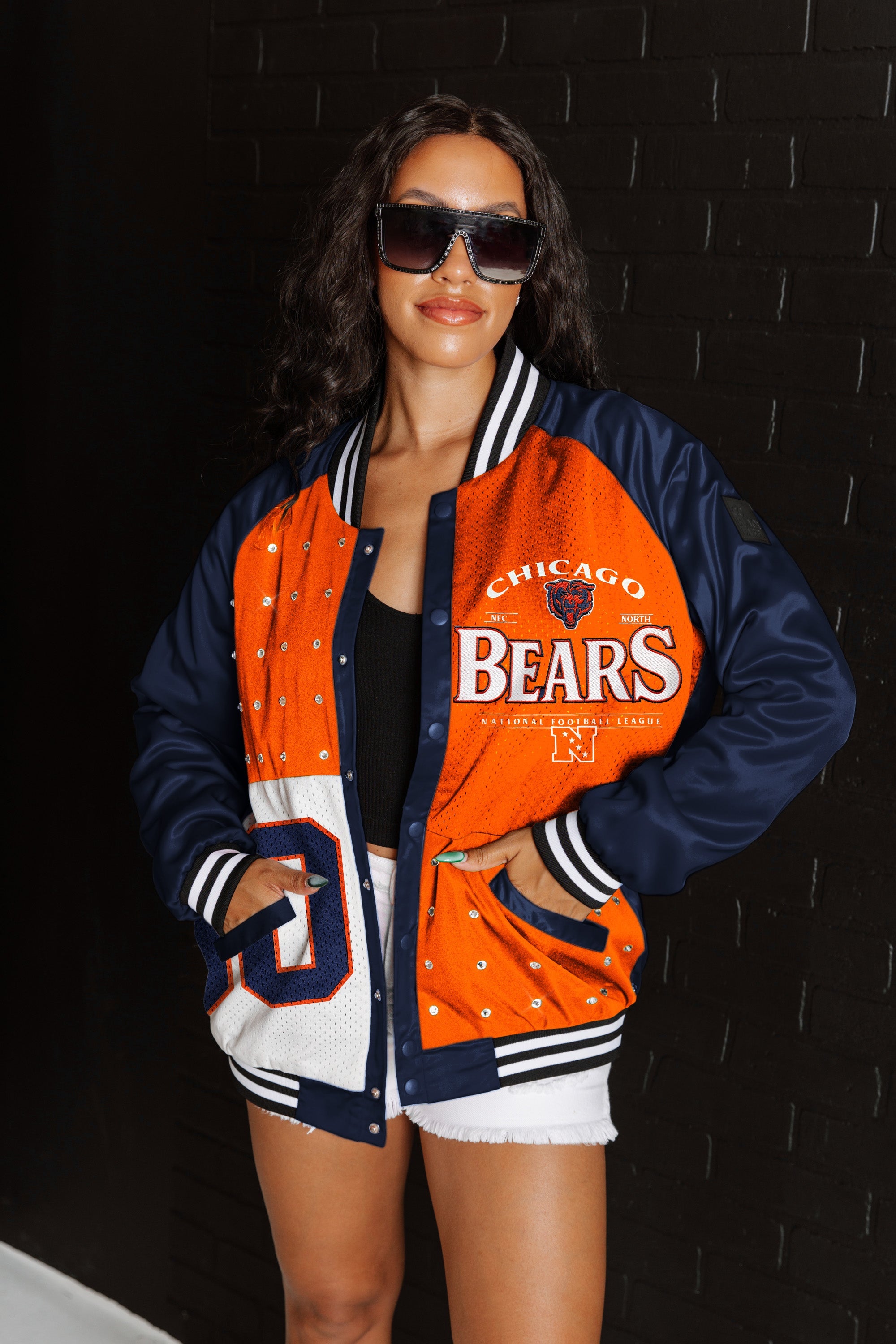 CHICAGO BEARS HOT SHOT MIXED MEDIA THROWBACK VARSITY BOMBER JACKET WITH RHINESTONE INSERTS