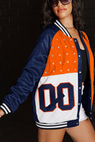 CHICAGO BEARS HOT SHOT MIXED MEDIA THROWBACK VARSITY BOMBER JACKET WITH RHINESTONE INSERTS