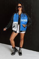 DETROIT LIONS HOT SHOT MIXED MEDIA THROWBACK VARSITY BOMBER JACKET WITH RHINESTONE INSERTS