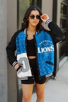 DETROIT LIONS HOT SHOT MIXED MEDIA THROWBACK VARSITY BOMBER JACKET WITH RHINESTONE INSERTS