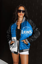 DETROIT LIONS HOT SHOT MIXED MEDIA THROWBACK VARSITY BOMBER JACKET WITH RHINESTONE INSERTS