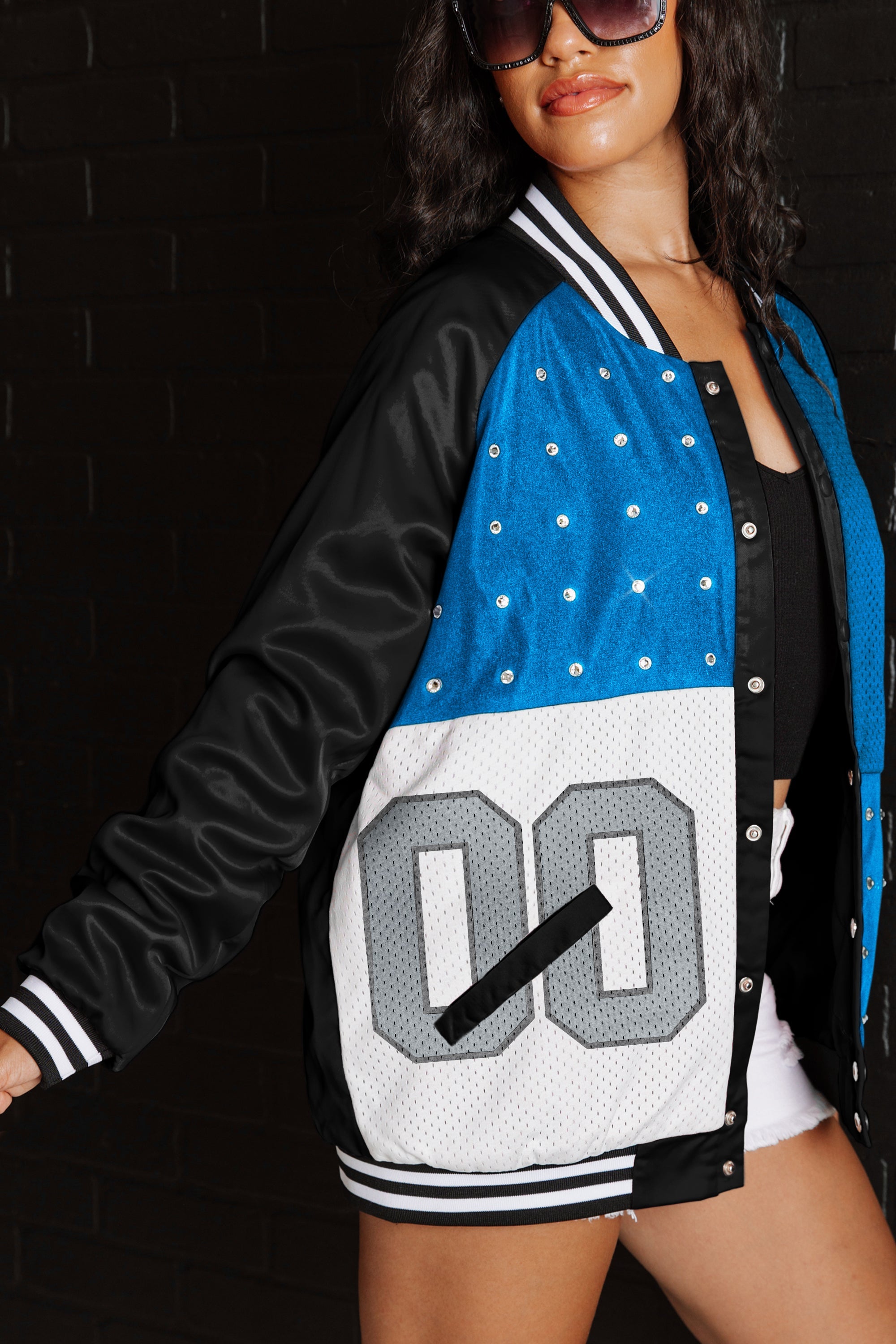 DETROIT LIONS HOT SHOT MIXED MEDIA THROWBACK VARSITY BOMBER JACKET WITH RHINESTONE INSERTS