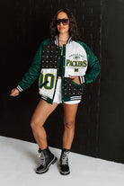 GREEN BAY PACKERS HOT SHOT MIXED MEDIA THROWBACK VARSITY BOMBER JACKET WITH RHINESTONE INSERTS