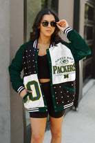 GREEN BAY PACKERS HOT SHOT MIXED MEDIA THROWBACK VARSITY BOMBER JACKET WITH RHINESTONE INSERTS