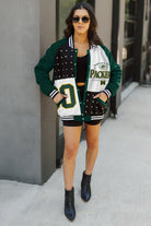 GREEN BAY PACKERS HOT SHOT MIXED MEDIA THROWBACK VARSITY BOMBER JACKET WITH RHINESTONE INSERTS