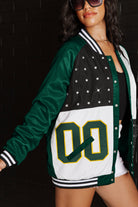 GREEN BAY PACKERS HOT SHOT MIXED MEDIA THROWBACK VARSITY BOMBER JACKET WITH RHINESTONE INSERTS