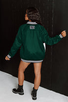 GREEN BAY PACKERS HOT SHOT MIXED MEDIA THROWBACK VARSITY BOMBER JACKET WITH RHINESTONE INSERTS