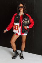 KANSAS CITY CHIEFS HOT SHOT MIXED MEDIA THROWBACK VARSITY BOMBER JACKET WITH RHINESTONE INSERTS