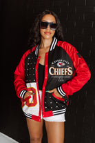 KANSAS CITY CHIEFS HOT SHOT MIXED MEDIA THROWBACK VARSITY BOMBER JACKET WITH RHINESTONE INSERTS