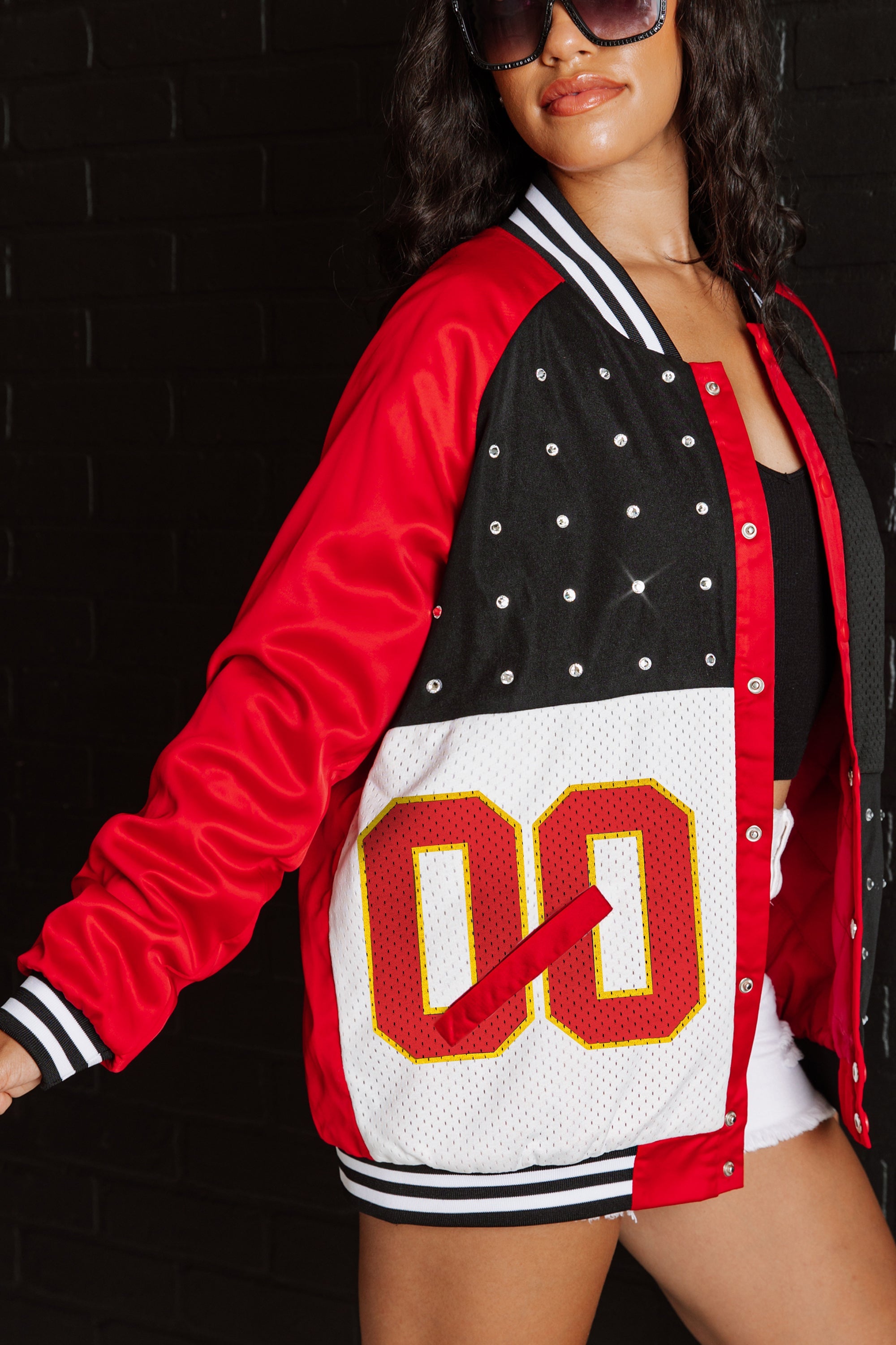 KANSAS CITY CHIEFS HOT SHOT MIXED MEDIA THROWBACK VARSITY BOMBER JACKET WITH RHINESTONE INSERTS