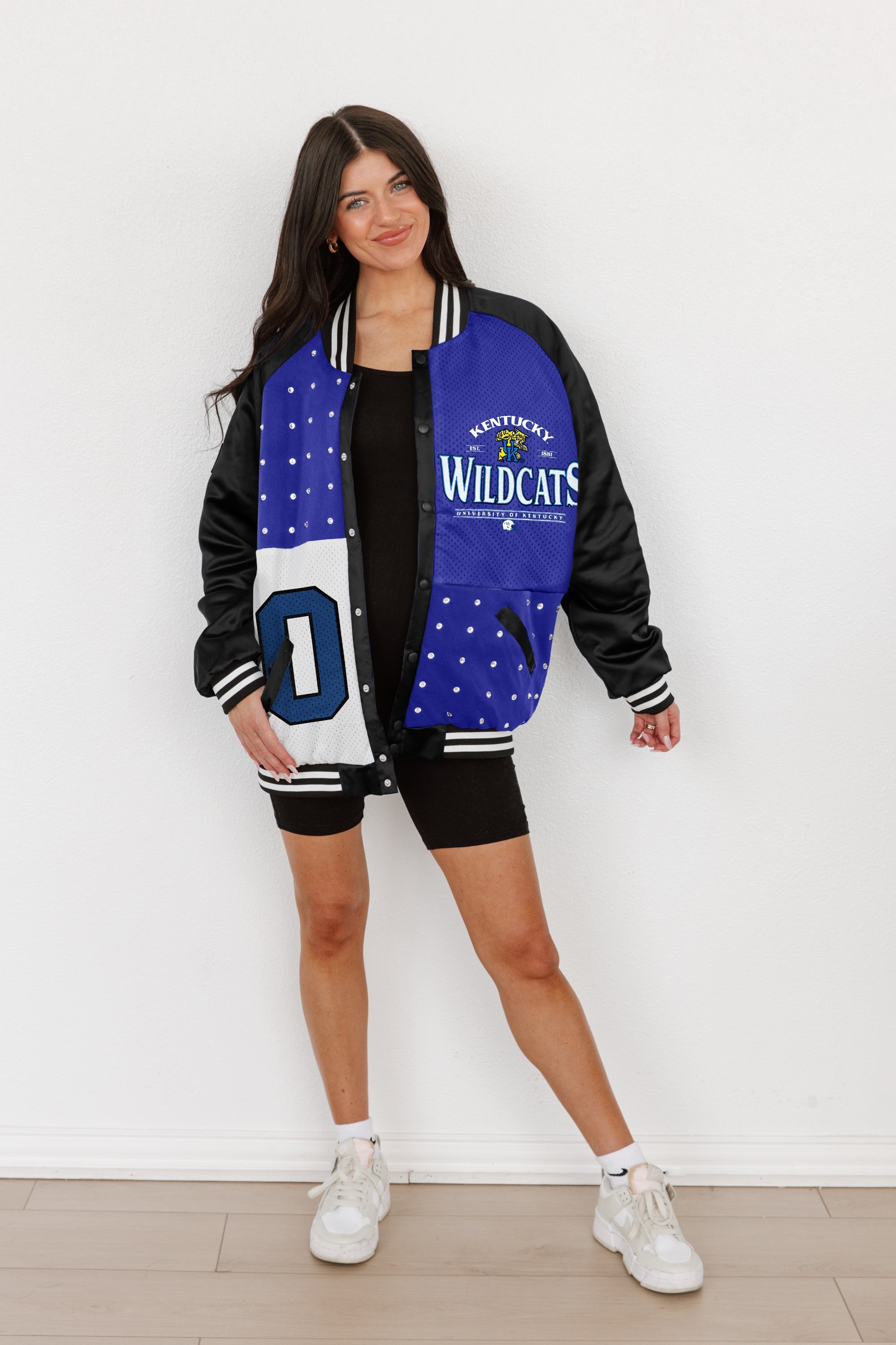 KENTUCKY WILDCATS HOT SHOT MIXED MEDIA THROWBACK VARSITY BOMBER JACKET WITH RHINESTONE INSERTS BY MADI PREWETT TROUTT