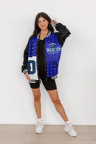 KENTUCKY WILDCATS HOT SHOT MIXED MEDIA THROWBACK VARSITY BOMBER JACKET WITH RHINESTONE INSERTS BY MADI PREWETT TROUTT