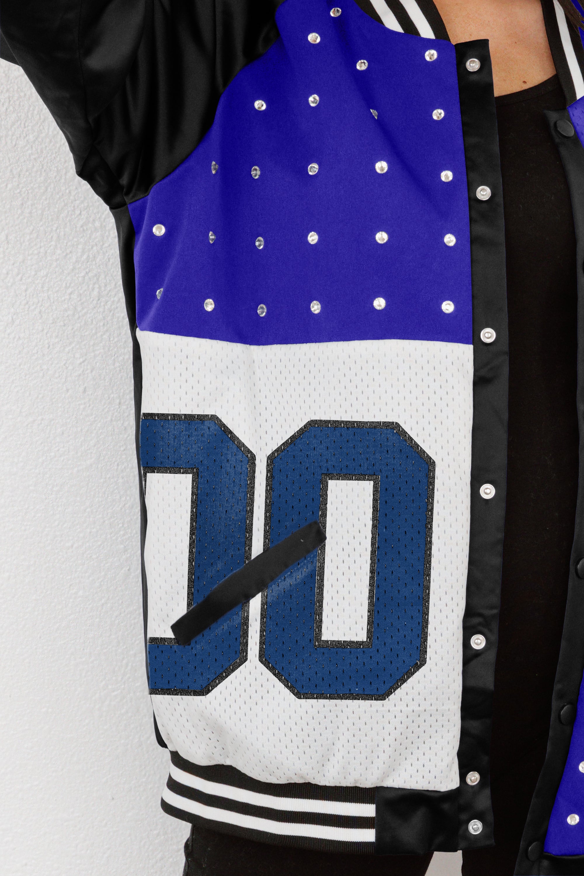 KENTUCKY WILDCATS HOT SHOT MIXED MEDIA THROWBACK VARSITY BOMBER JACKET WITH RHINESTONE INSERTS BY MADI PREWETT TROUTT