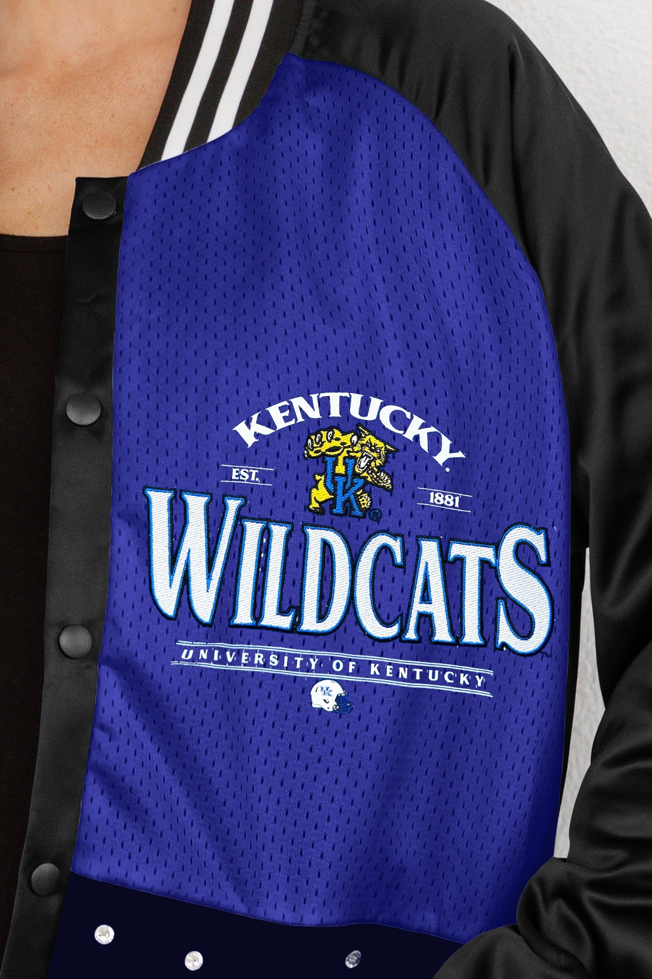 KENTUCKY WILDCATS HOT SHOT MIXED MEDIA THROWBACK VARSITY BOMBER JACKET WITH RHINESTONE INSERTS BY MADI PREWETT TROUTT