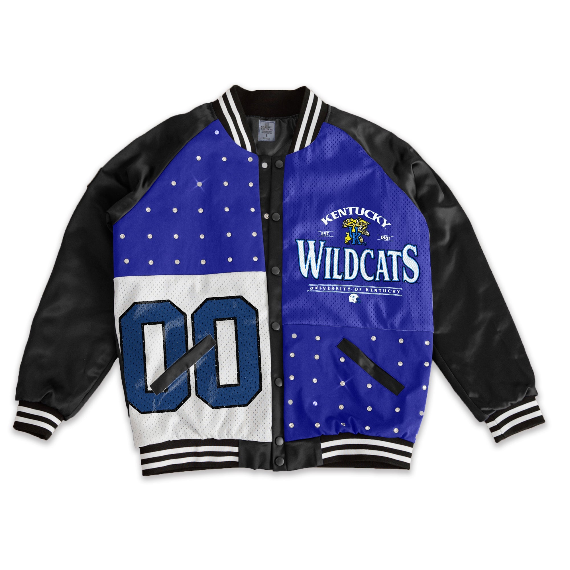 KENTUCKY WILDCATS HOT SHOT MIXED MEDIA THROWBACK VARSITY BOMBER JACKET WITH RHINESTONE INSERTS BY MADI PREWETT TROUTT