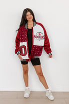 OKLAHOMA SOONERS HOT SHOT MIXED MEDIA THROWBACK VARSITY BOMBER JACKET WITH RHINESTONE INSERTS BY MADI PREWETT TROUTT