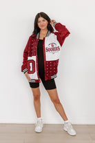 OKLAHOMA SOONERS HOT SHOT MIXED MEDIA THROWBACK VARSITY BOMBER JACKET WITH RHINESTONE INSERTS BY MADI PREWETT TROUTT