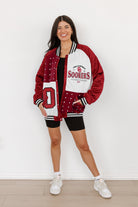 OKLAHOMA SOONERS HOT SHOT MIXED MEDIA THROWBACK VARSITY BOMBER JACKET WITH RHINESTONE INSERTS BY MADI PREWETT TROUTT