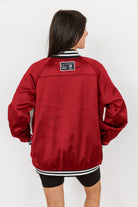 OKLAHOMA SOONERS HOT SHOT MIXED MEDIA THROWBACK VARSITY BOMBER JACKET WITH RHINESTONE INSERTS BY MADI PREWETT TROUTT