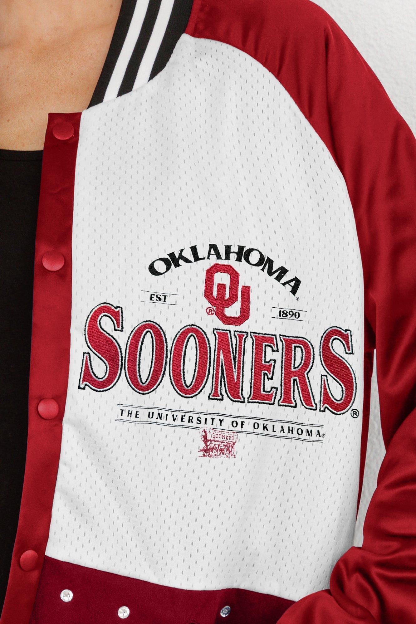 OKLAHOMA SOONERS HOT SHOT MIXED MEDIA THROWBACK VARSITY BOMBER JACKET WITH RHINESTONE INSERTS BY MADI PREWETT TROUTT