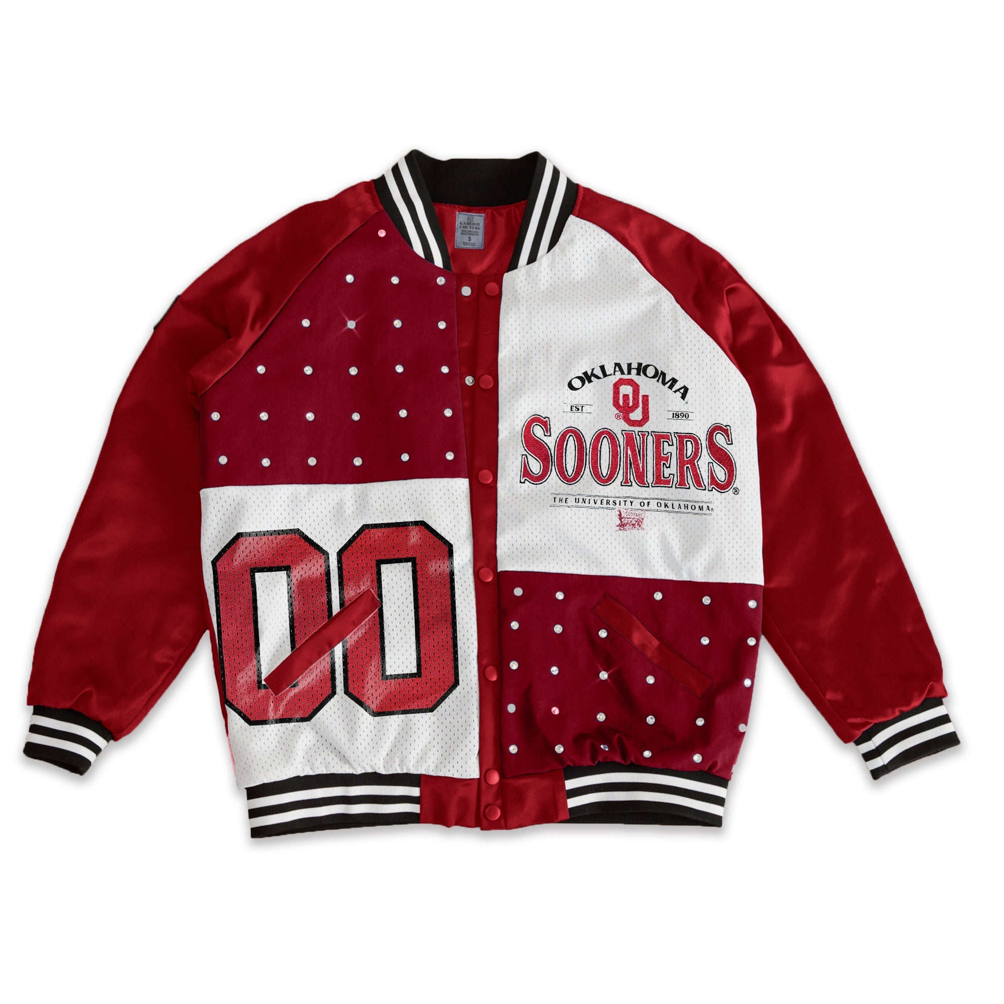 OKLAHOMA SOONERS HOT SHOT MIXED MEDIA THROWBACK VARSITY BOMBER JACKET WITH RHINESTONE INSERTS BY MADI PREWETT TROUTT