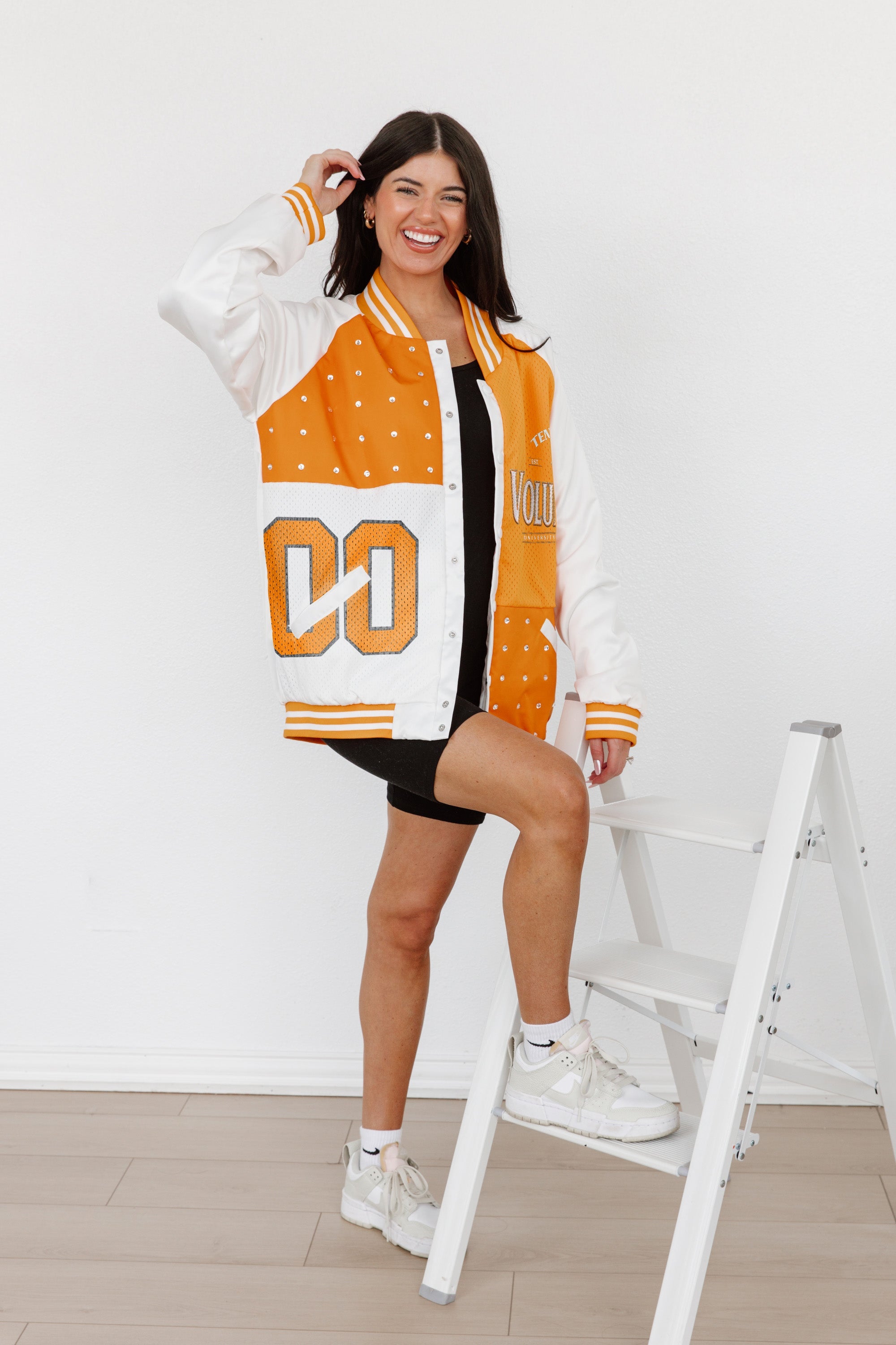 TENNESSEE VOLUNTEERS HOT SHOT MIXED MEDIA THROWBACK VARSITY BOMBER JACKET WITH RHINESTONE INSERTS BY MADI PREWETT TROUTT