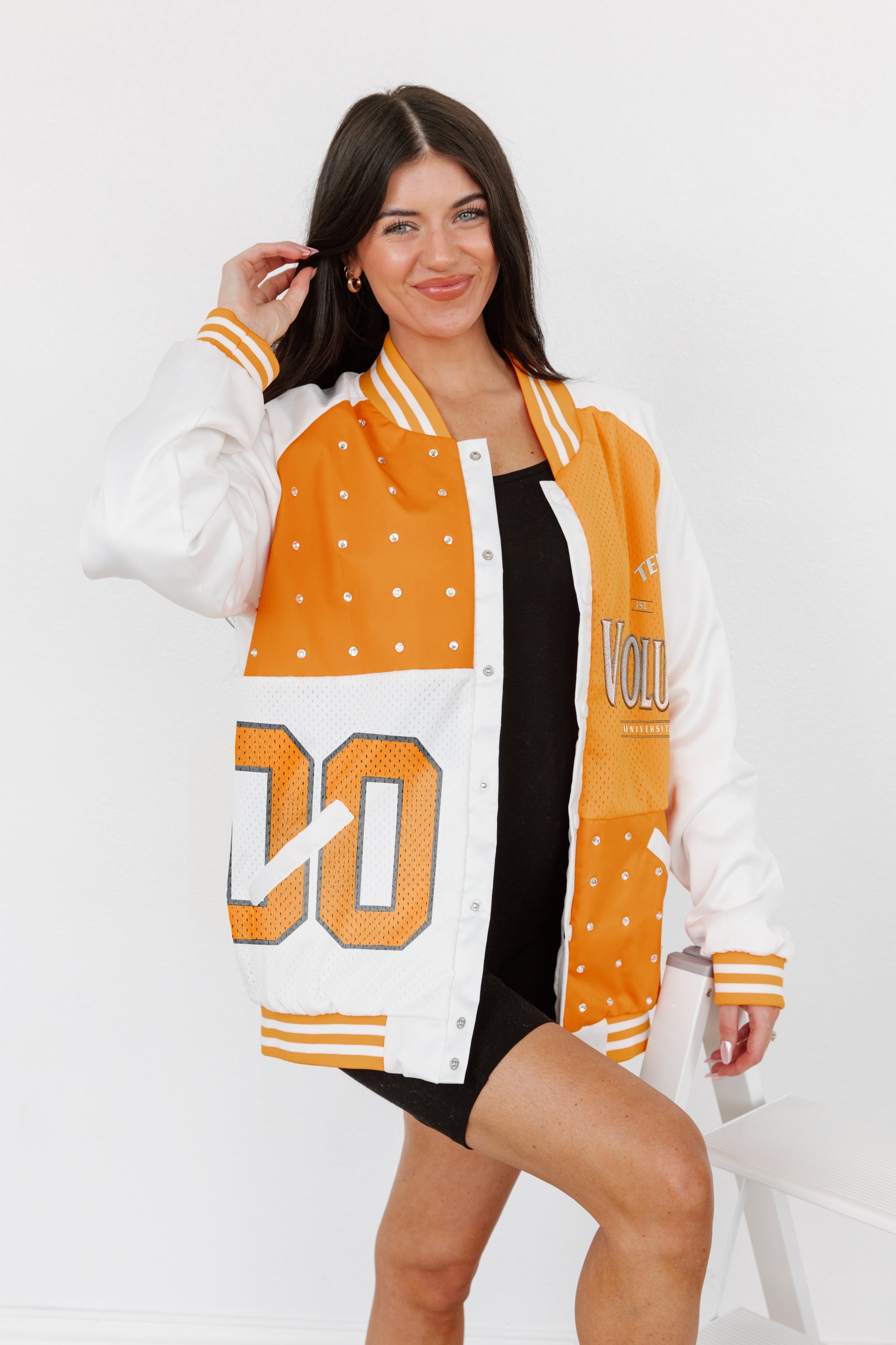 TENNESSEE VOLUNTEERS HOT SHOT MIXED MEDIA THROWBACK VARSITY BOMBER JACKET WITH RHINESTONE INSERTS BY MADI PREWETT TROUTT