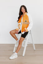 TENNESSEE VOLUNTEERS HOT SHOT MIXED MEDIA THROWBACK VARSITY BOMBER JACKET WITH RHINESTONE INSERTS BY MADI PREWETT TROUTT