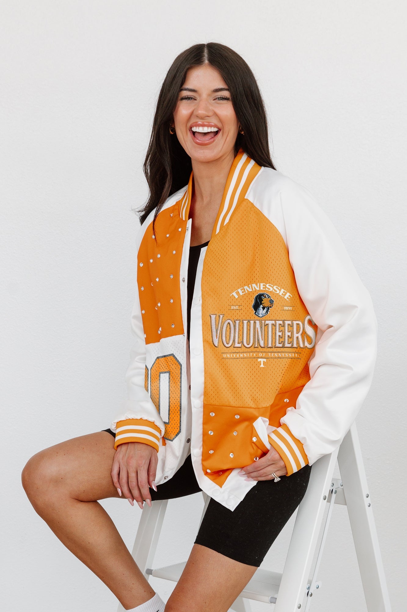 TENNESSEE VOLUNTEERS HOT SHOT MIXED MEDIA THROWBACK VARSITY BOMBER JACKET WITH RHINESTONE INSERTS BY MADI PREWETT TROUTT