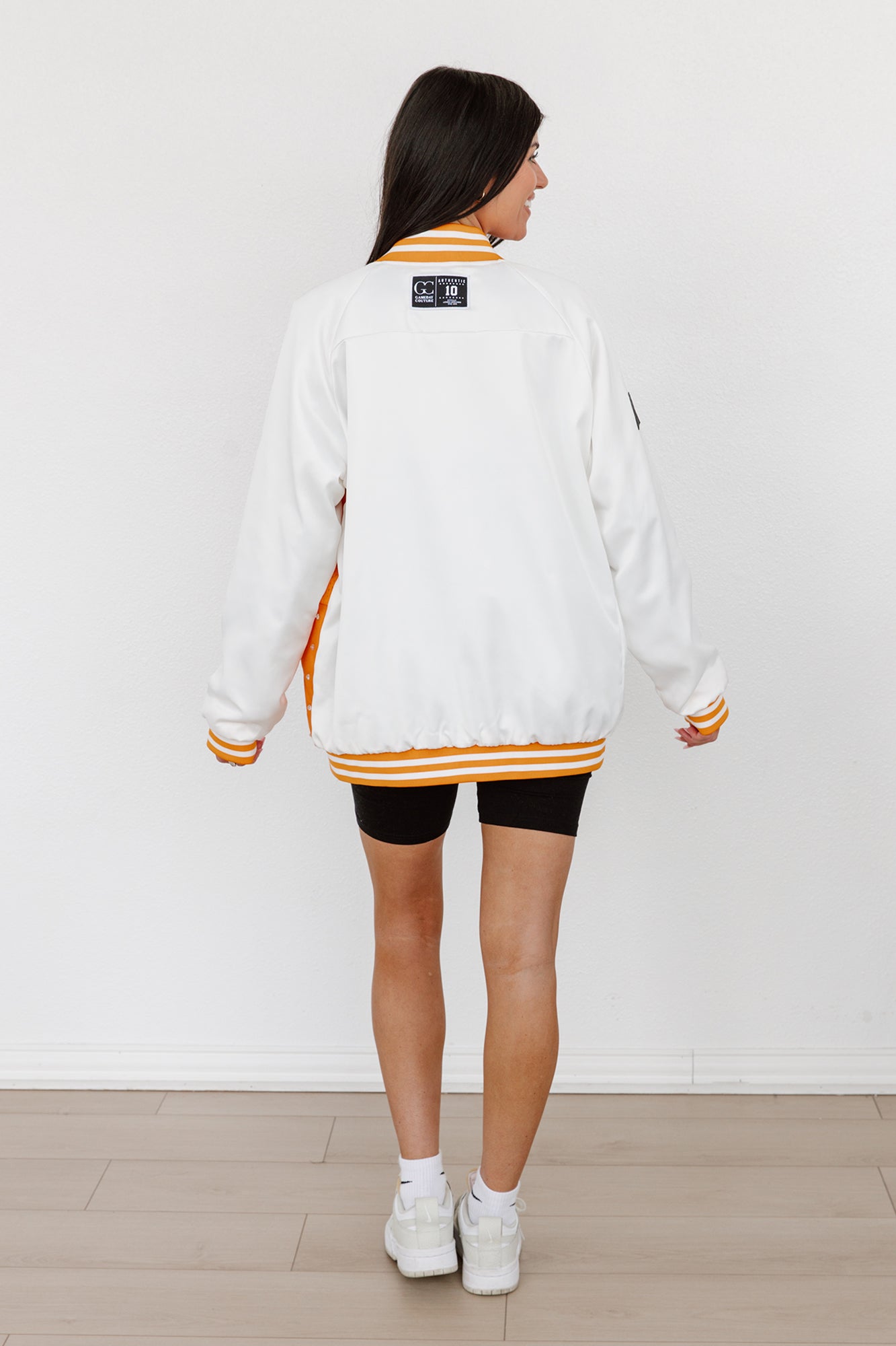 TENNESSEE VOLUNTEERS HOT SHOT MIXED MEDIA THROWBACK VARSITY BOMBER JACKET WITH RHINESTONE INSERTS BY MADI PREWETT TROUTT