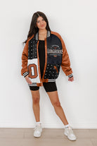 TEXAS LONGHORNS HOT SHOT MIXED MEDIA THROWBACK VARSITY BOMBER JACKET WITH RHINESTONE INSERTS BY MADI PREWETT TROUTT