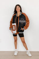 TEXAS LONGHORNS HOT SHOT MIXED MEDIA THROWBACK VARSITY BOMBER JACKET WITH RHINESTONE INSERTS BY MADI PREWETT TROUTT