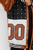 TEXAS LONGHORNS HOT SHOT MIXED MEDIA THROWBACK VARSITY BOMBER JACKET WITH RHINESTONE INSERTS BY MADI PREWETT TROUTT