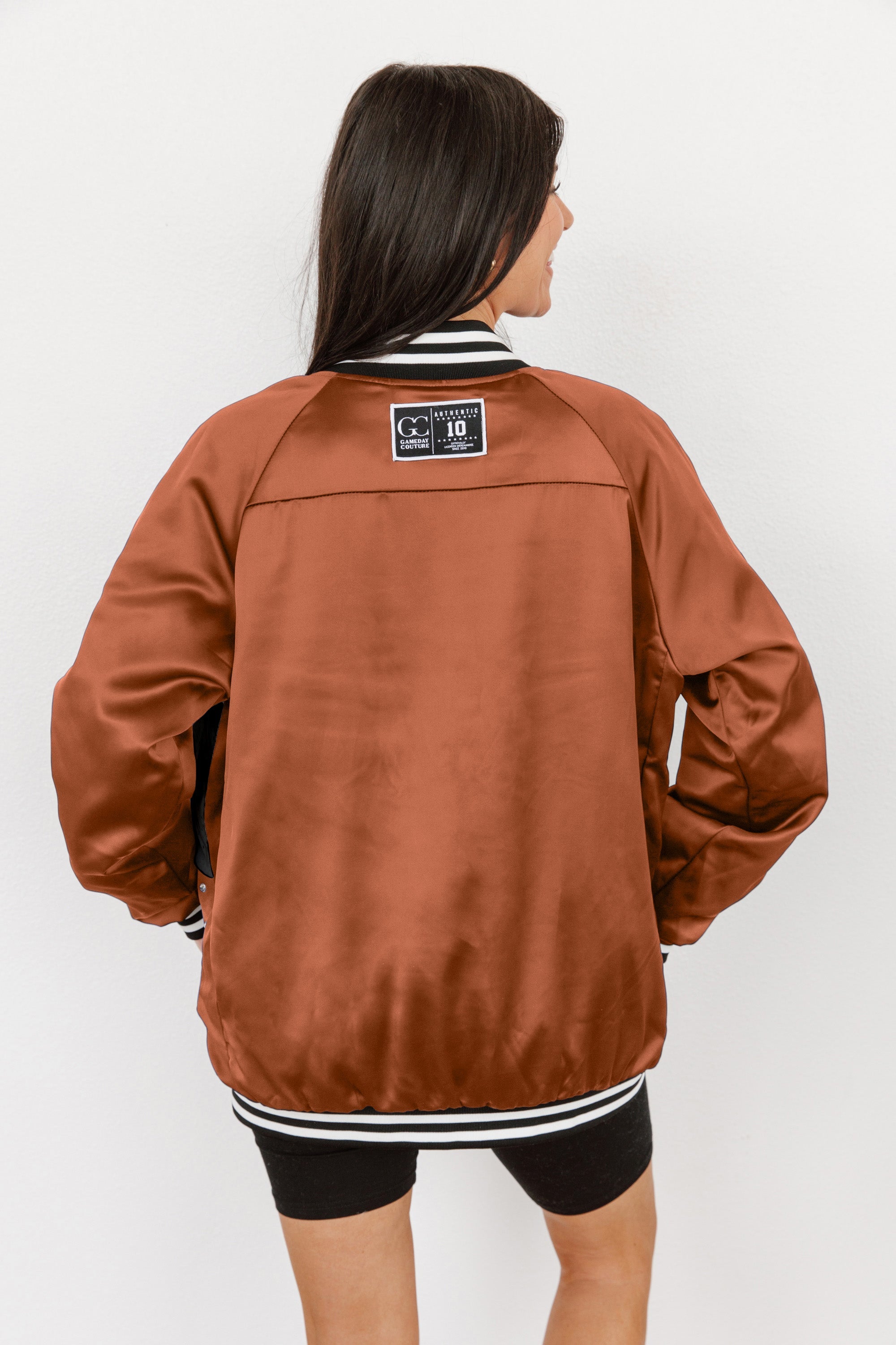 TEXAS LONGHORNS HOT SHOT MIXED MEDIA THROWBACK VARSITY BOMBER JACKET WITH  RHINESTONE INSERTS BY MADI PREWETT TROUTT