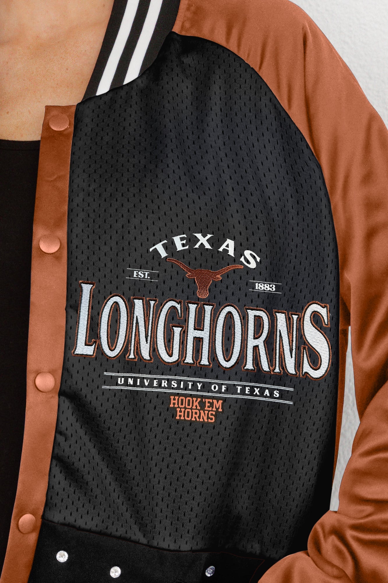 TEXAS LONGHORNS HOT SHOT MIXED MEDIA THROWBACK VARSITY BOMBER JACKET WITH  RHINESTONE INSERTS BY MADI PREWETT TROUTT