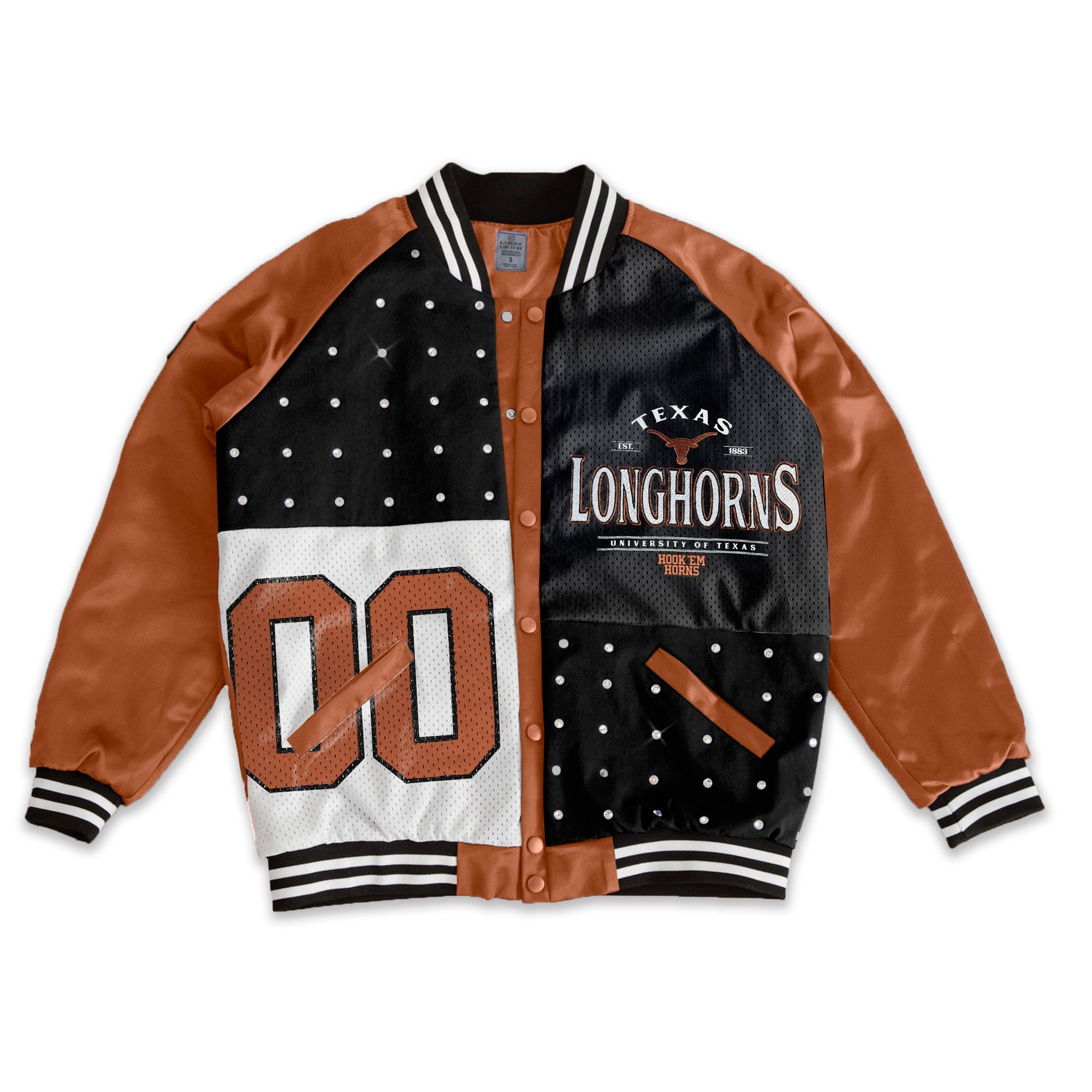 TEXAS LONGHORNS HOT SHOT MIXED MEDIA THROWBACK VARSITY BOMBER JACKET WITH  RHINESTONE INSERTS BY MADI PREWETT TROUTT