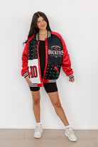 OHIO STATE BUCKEYES HOT SHOT MIXED MEDIA THROWBACK VARSITY BOMBER JACKET WITH RHINESTONE INSERTS BY MADI PREWETT TROUTT