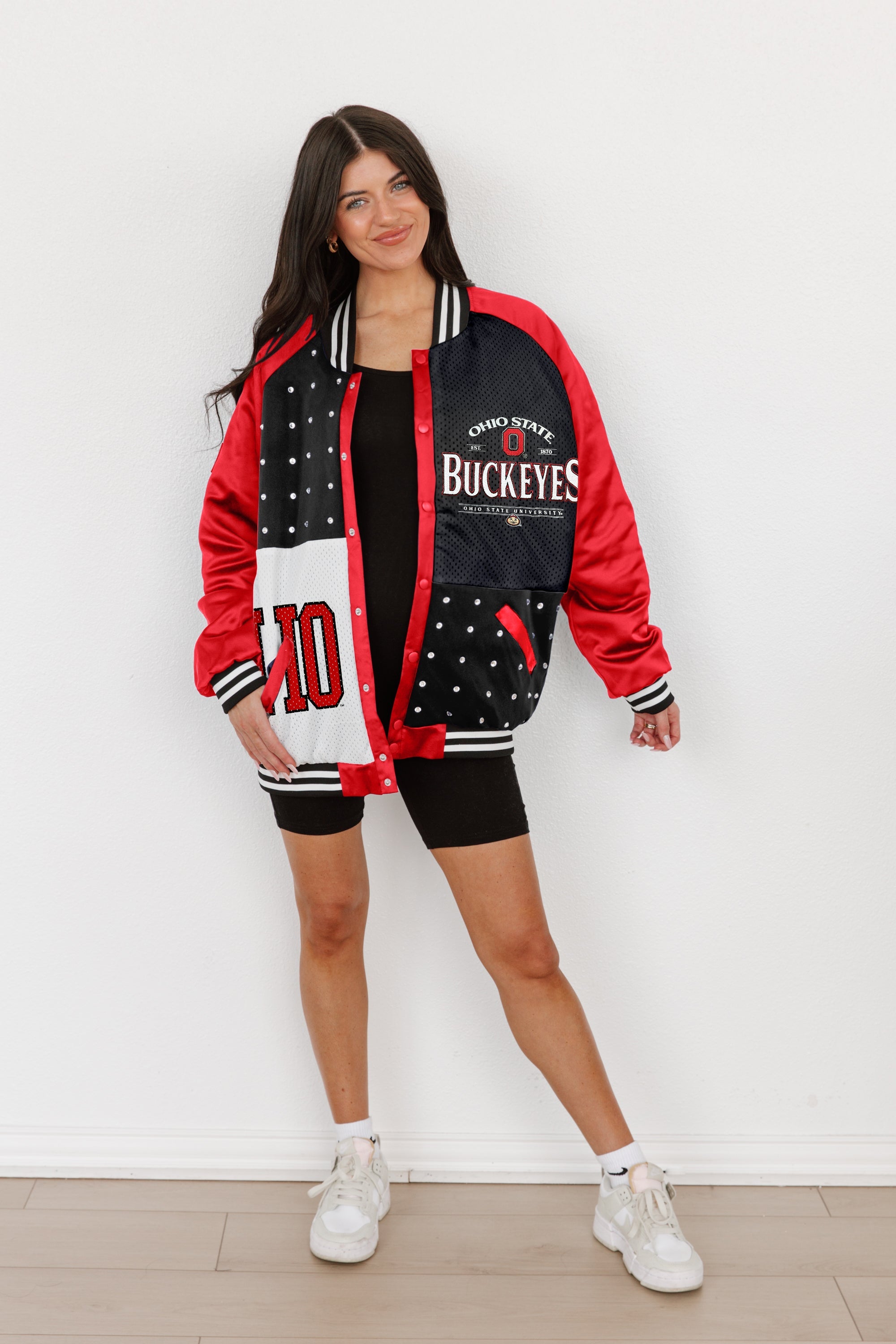 OHIO STATE BUCKEYES HOT SHOT MIXED MEDIA THROWBACK VARSITY BOMBER JACKET WITH RHINESTONE INSERTS BY MADI PREWETT TROUTT