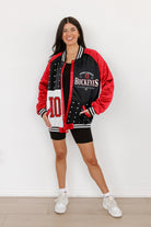 OHIO STATE BUCKEYES HOT SHOT MIXED MEDIA THROWBACK VARSITY BOMBER JACKET WITH RHINESTONE INSERTS BY MADI PREWETT TROUTT