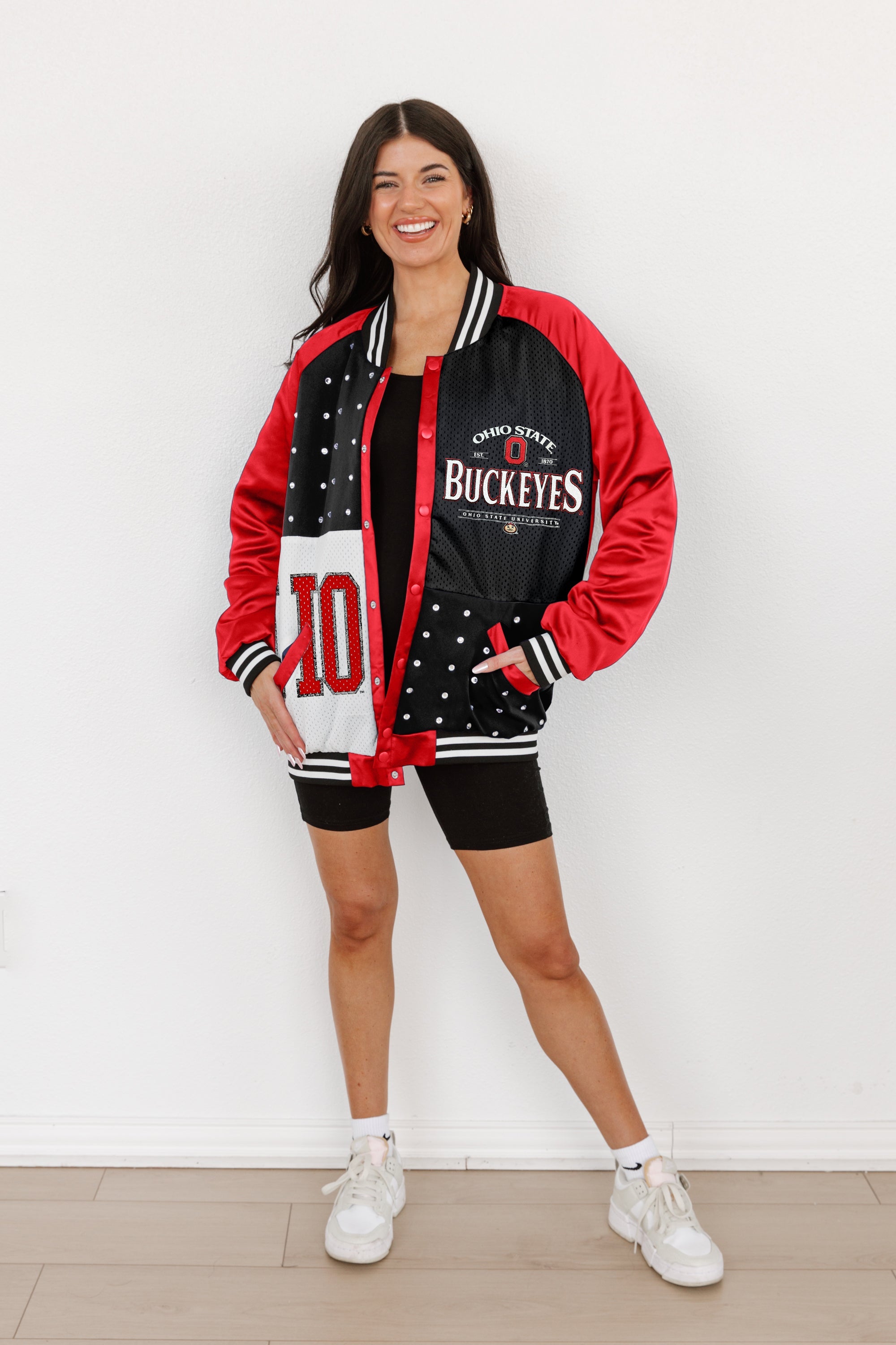 OHIO STATE BUCKEYES HOT SHOT MIXED MEDIA THROWBACK VARSITY BOMBER JACKET WITH RHINESTONE INSERTS BY MADI PREWETT TROUTT