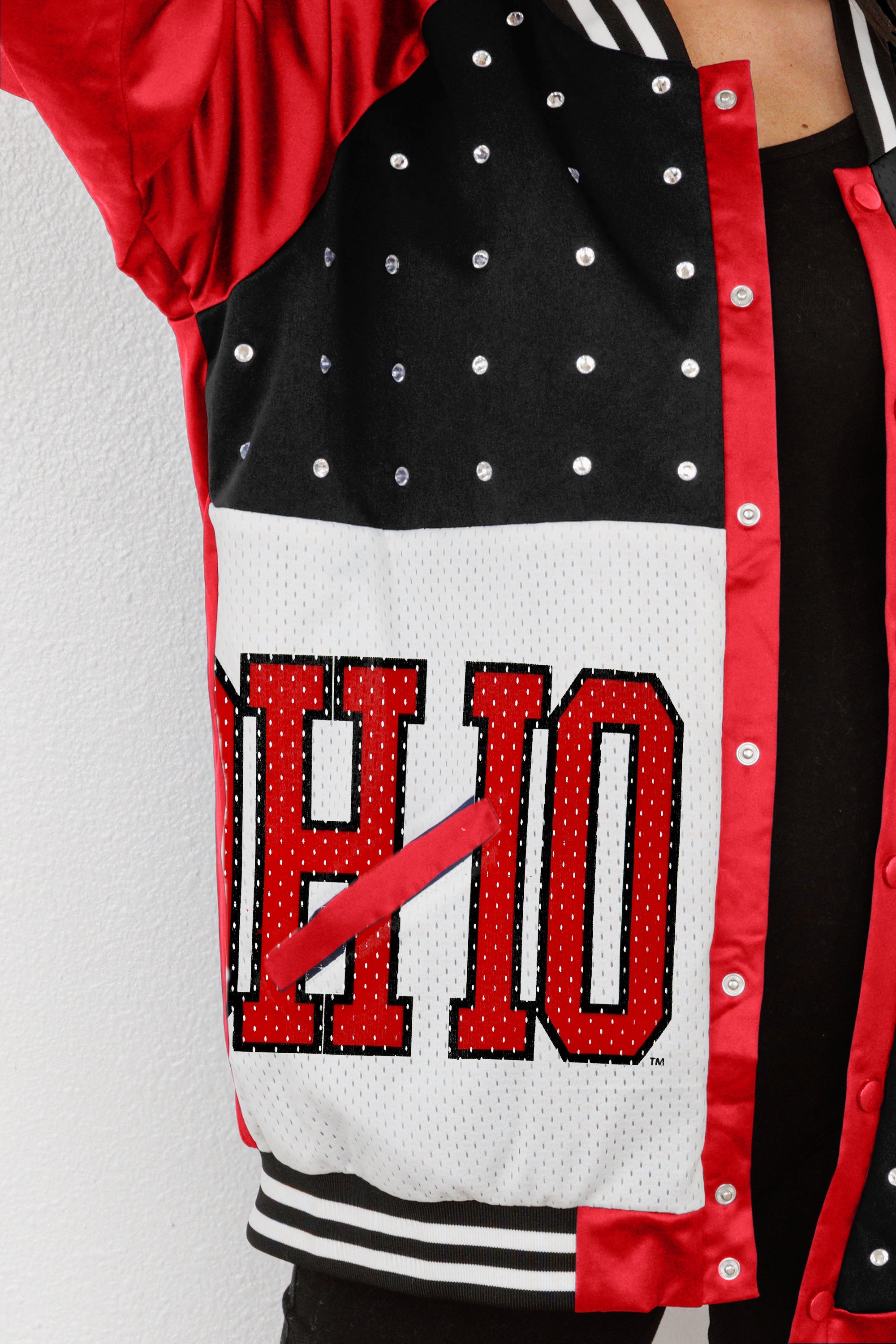 OHIO STATE BUCKEYES HOT SHOT MIXED MEDIA THROWBACK VARSITY BOMBER JACKET WITH RHINESTONE INSERTS BY MADI PREWETT TROUTT