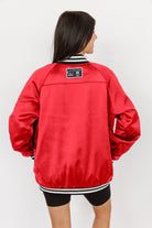 OHIO STATE BUCKEYES HOT SHOT MIXED MEDIA THROWBACK VARSITY BOMBER JACKET WITH RHINESTONE INSERTS BY MADI PREWETT TROUTT