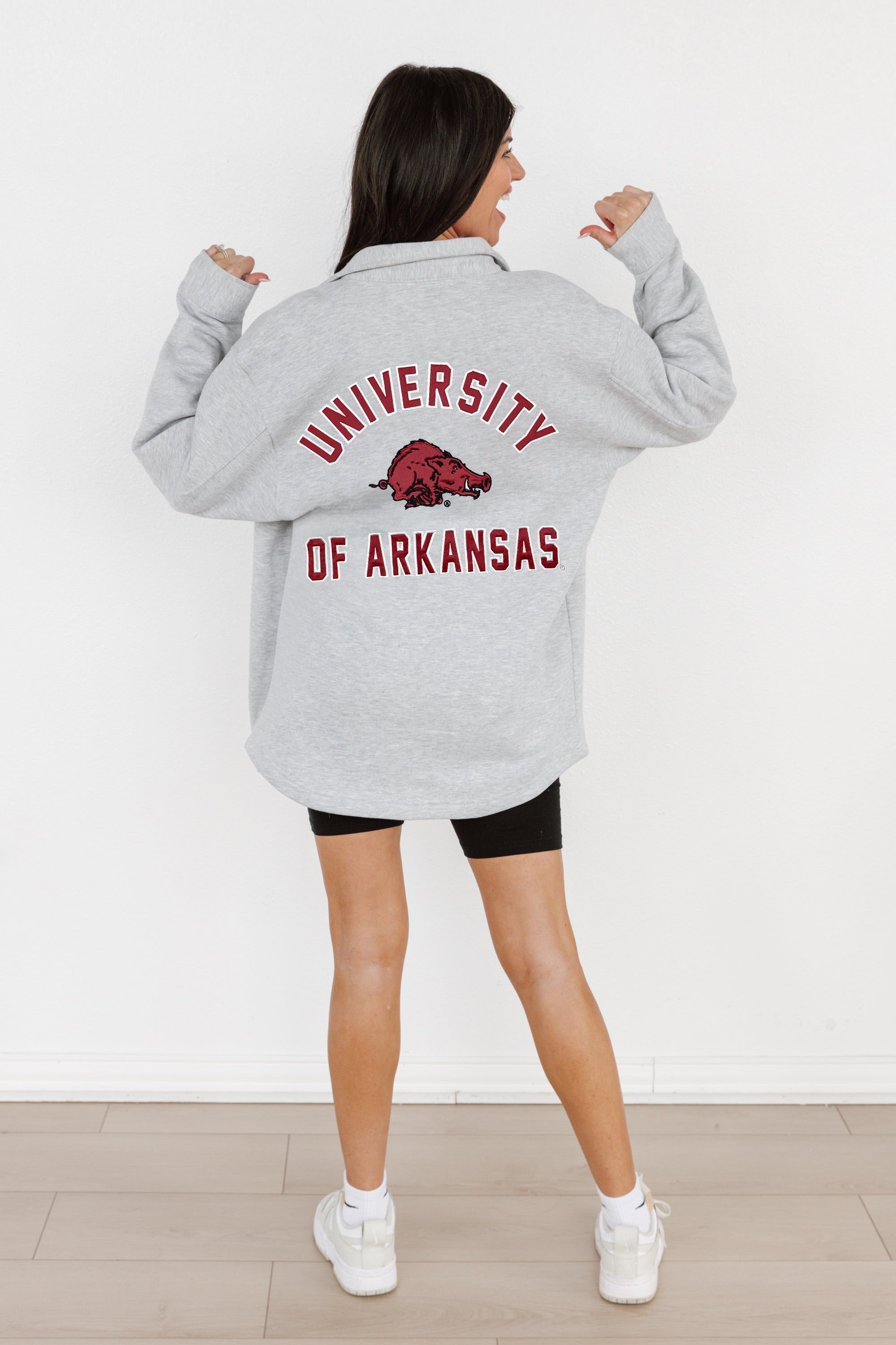 ARKANSAS RAZORBACKS WAY TO GO SOFT, LONG SLEEVE COTTON-BLEND COLLARED OVERSHIRT WITH BUTTON CUFFS BY MADI PREWETT TROUTT