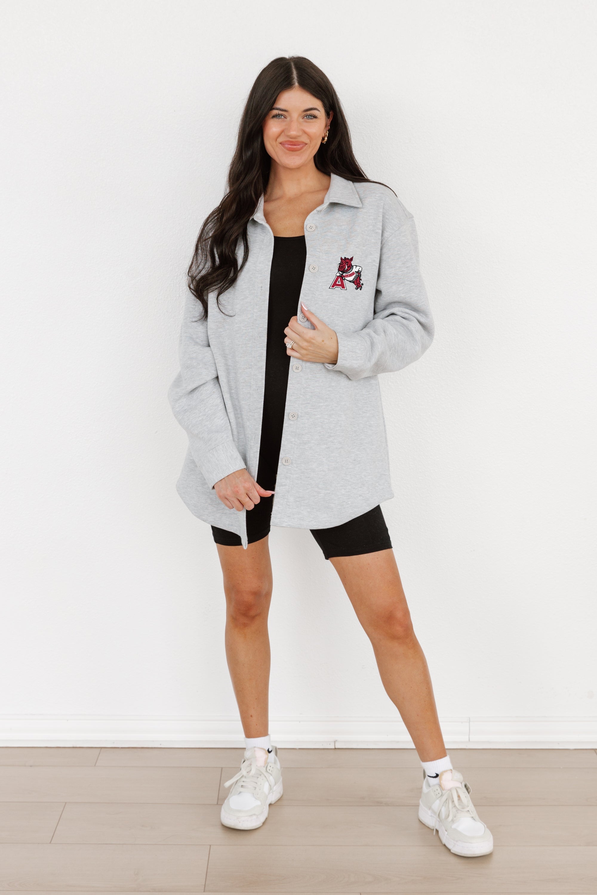 ARKANSAS RAZORBACKS WAY TO GO SOFT, LONG SLEEVE COTTON-BLEND COLLARED OVERSHIRT WITH BUTTON CUFFS BY MADI PREWETT TROUTT