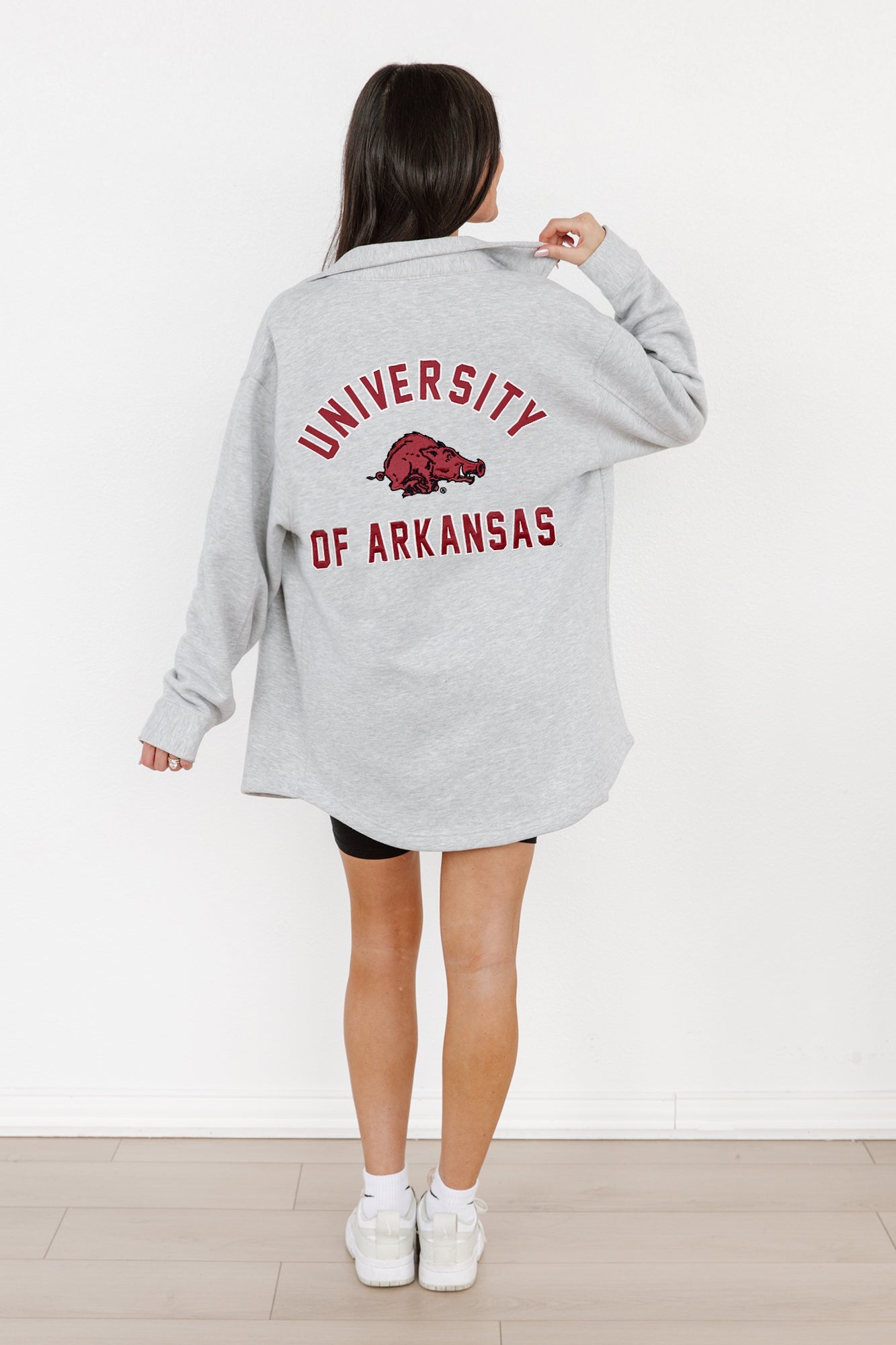 ARKANSAS RAZORBACKS WAY TO GO SOFT, LONG SLEEVE COTTON-BLEND COLLARED OVERSHIRT WITH BUTTON CUFFS BY MADI PREWETT TROUTT