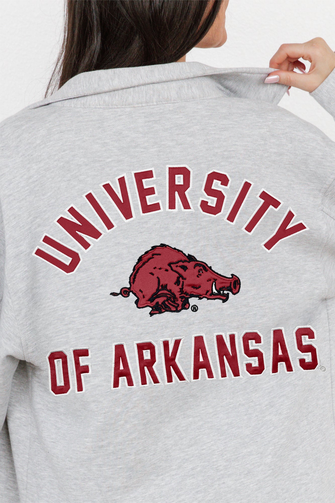 ARKANSAS RAZORBACKS WAY TO GO SOFT, LONG SLEEVE COTTON-BLEND COLLARED OVERSHIRT WITH BUTTON CUFFS BY MADI PREWETT TROUTT